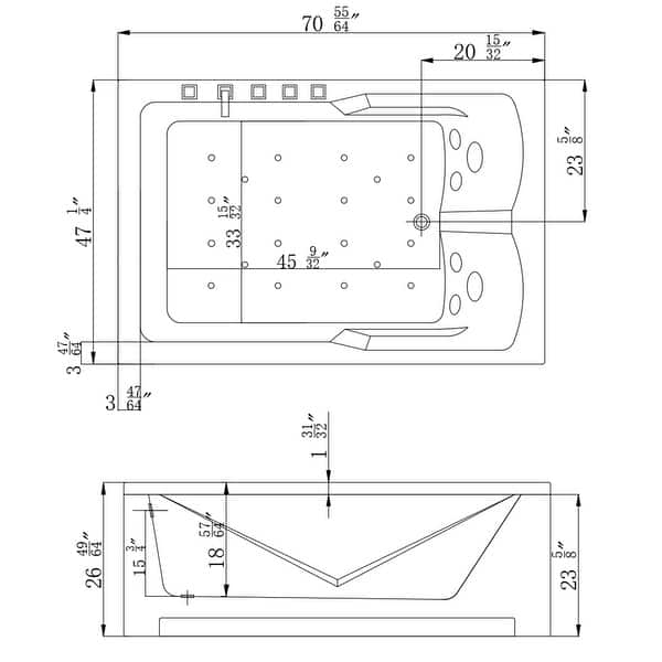 Acrylic 71" X 47" Rectangle Alcove Whirlpool Bathtub 16 Water Jets Right Side Drain On